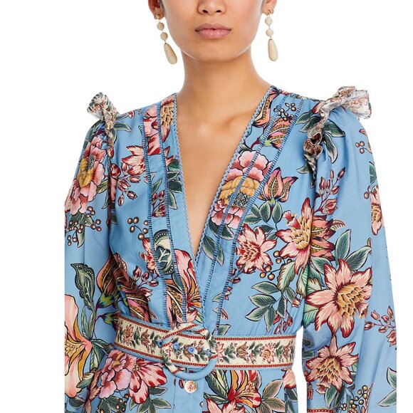 FARM Rio Wonderful Bouquet Floral Print Belted Romper, Blue/White/Pink, NWT π§π· - Picture 3 of 14